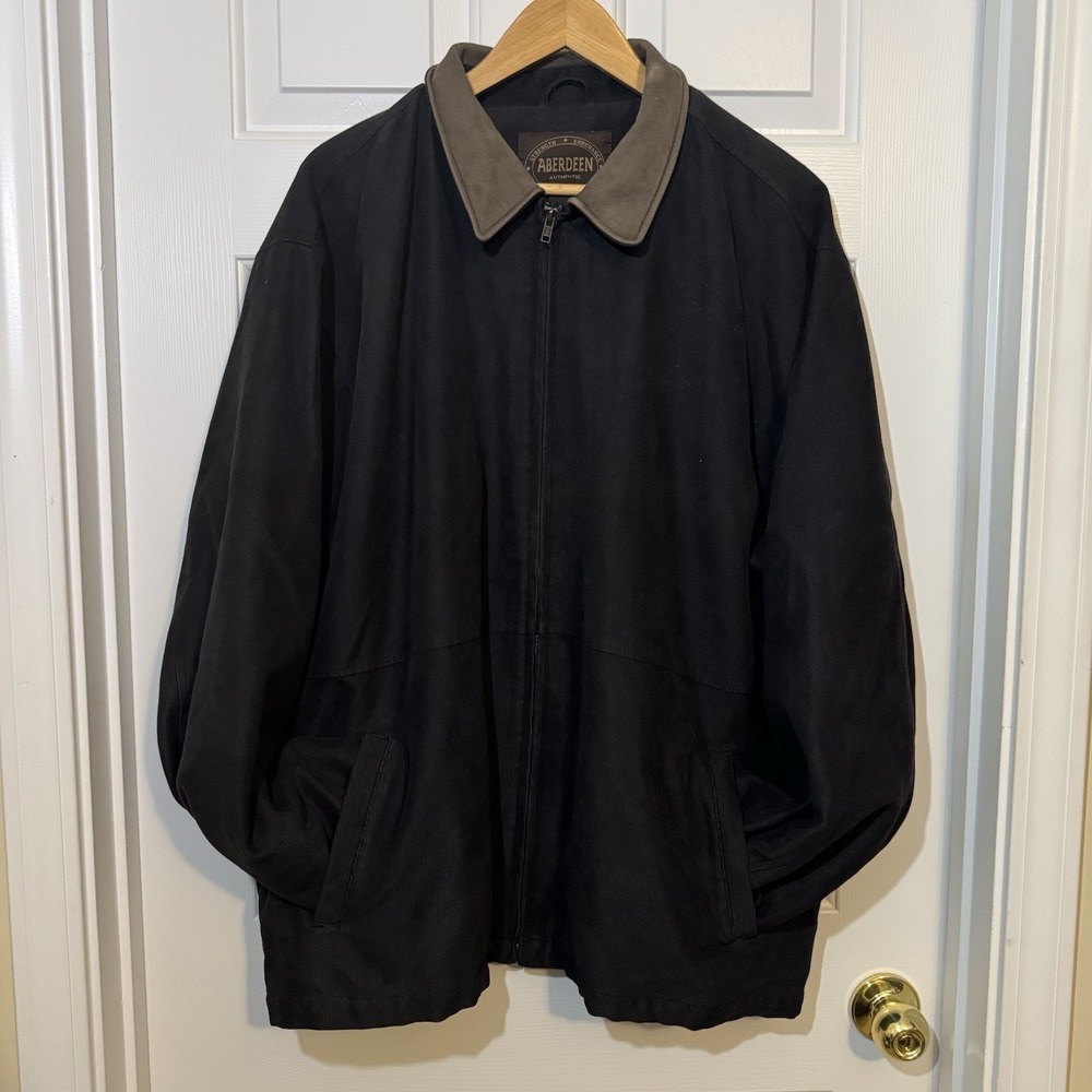 Vintage Aberdeen Black/Leather Collar Lined Coat Chore Barn Jacket Mens XXL